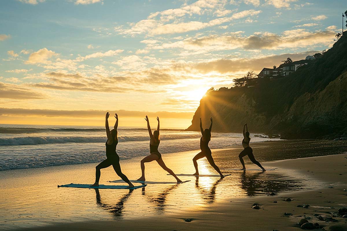 People doing yoga on the beach