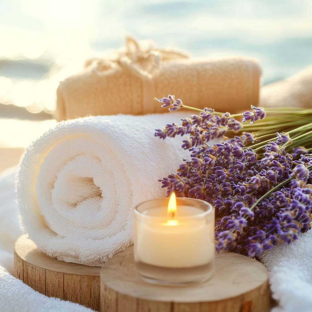 Towels, lavender, candle on the beach