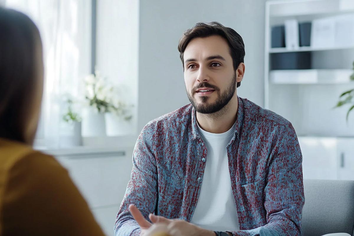 A man speaking to his therapist about signs and symptoms requiring Orange County Detox