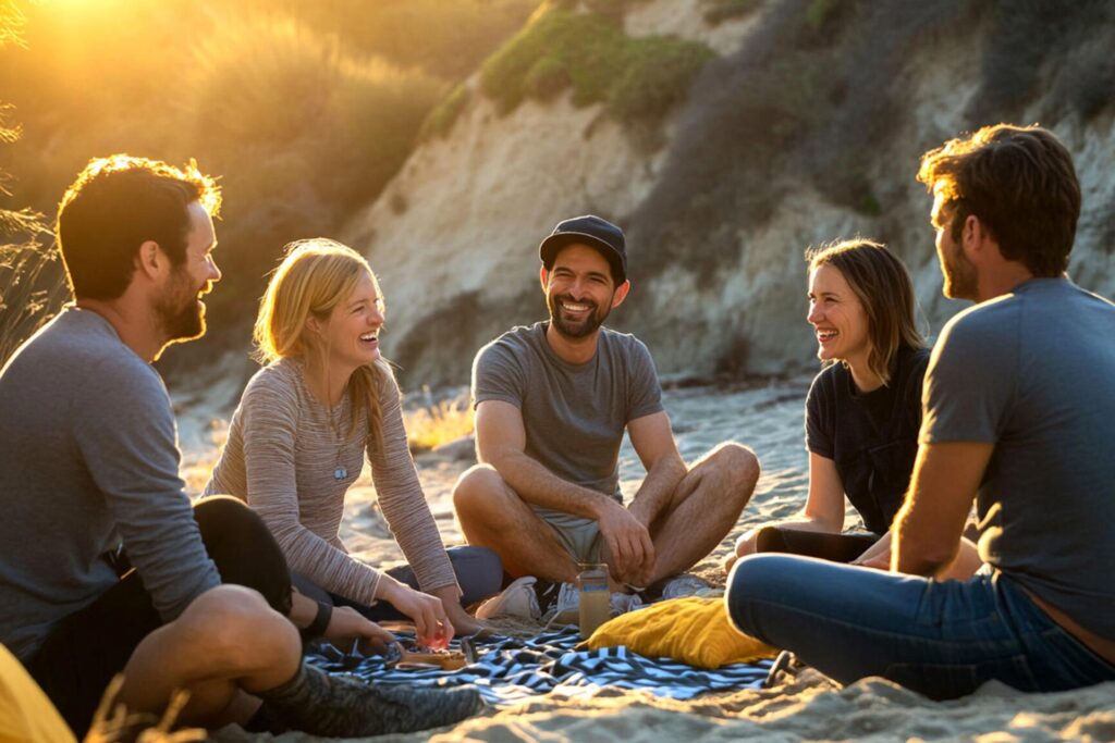 Support group friends having a picnic on the beach while undergoing alcohol rehab in Orange County California