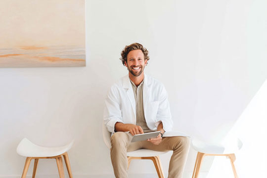 man sitting in waiting room smiling