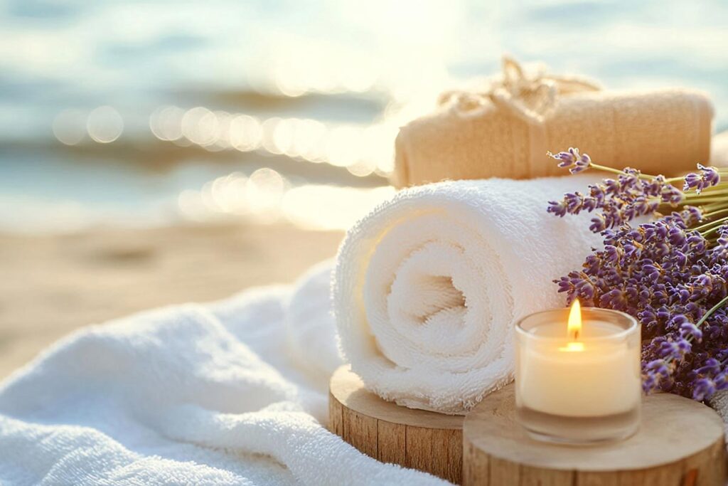 towels, candle and lavender with the beach and ocean in the background