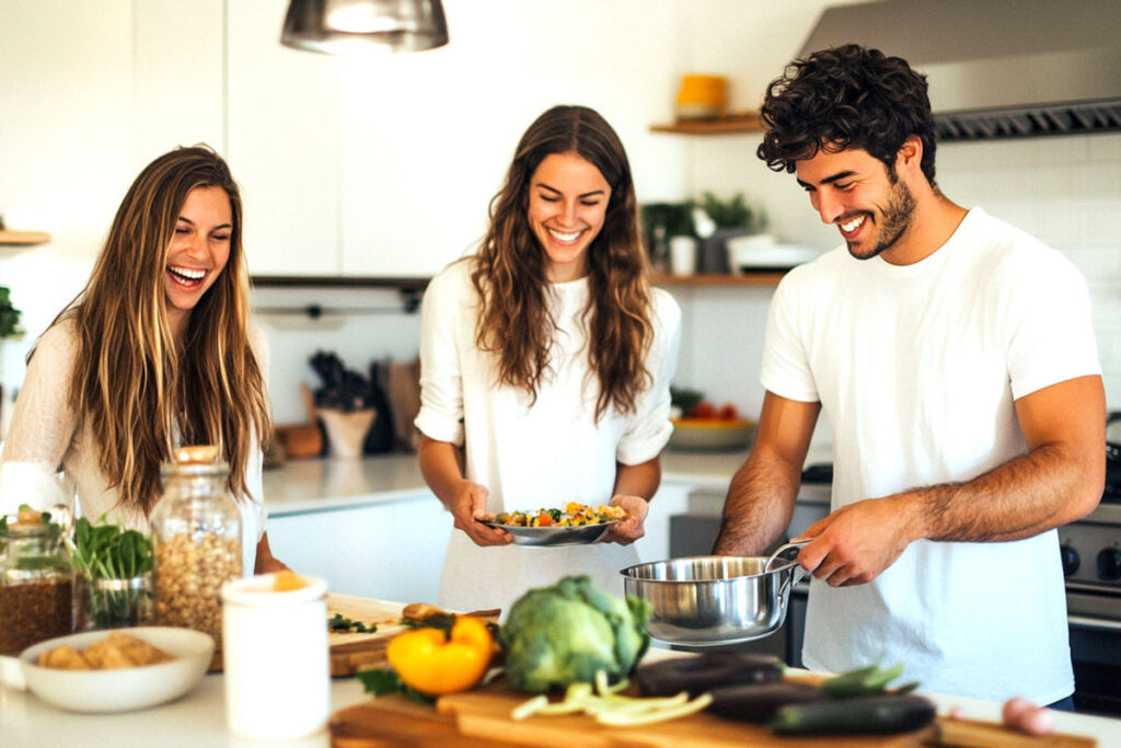 group of friends cooking together