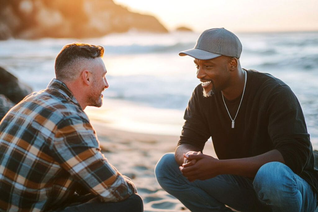 two men talking on the beach