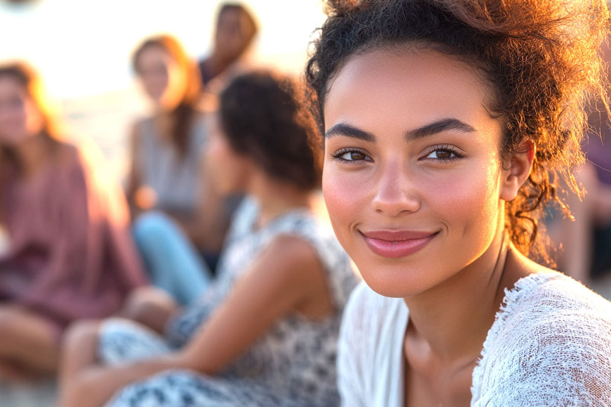Woman sitting on the beach among friends, looking at the camera
