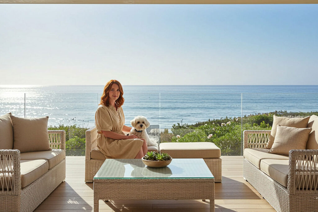 A woman sits with her dog on a patio with a vast oceanview