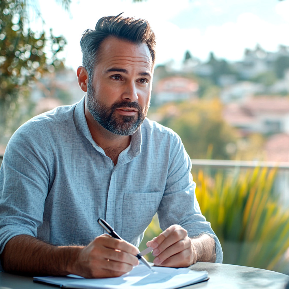 A therapist takes notes while sitting at a table with a client