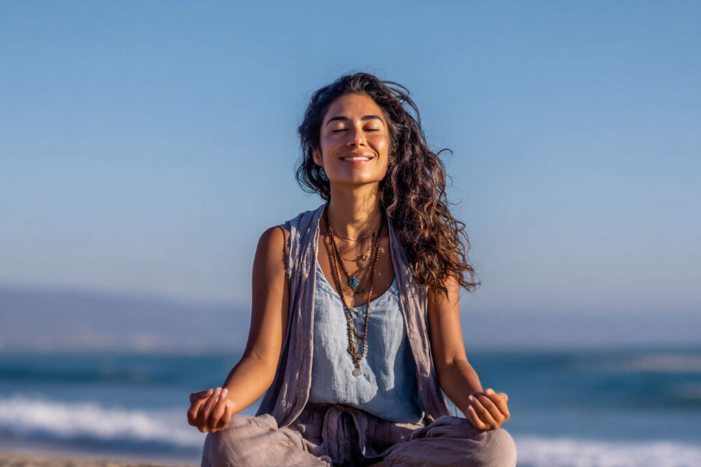 woman meditating on the beach
