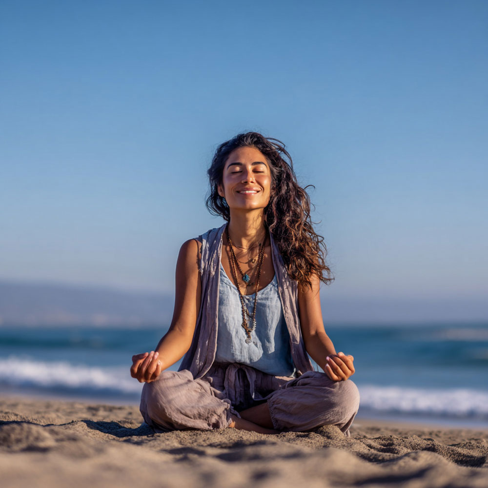 woman meditating on the beach