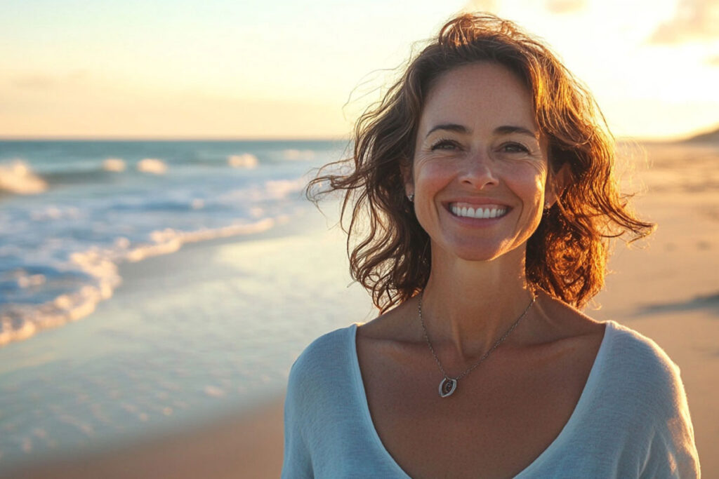 a woman stands on the beach smiling