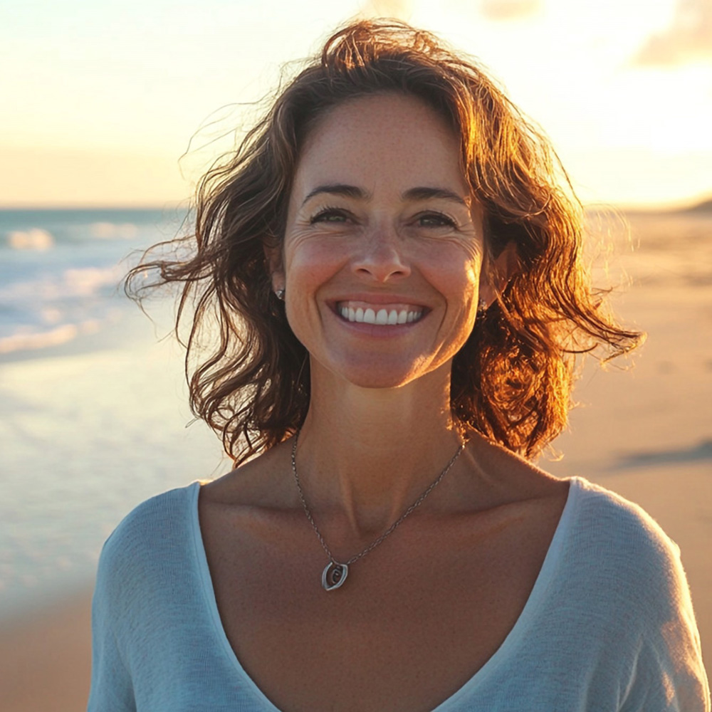 a woman stands on the beach smiling