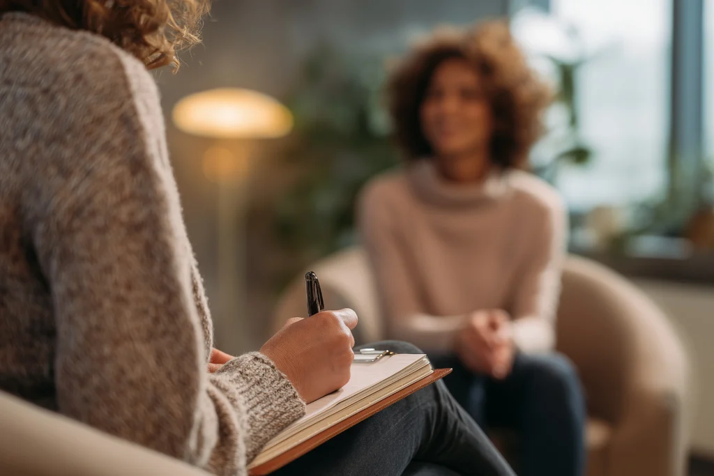 Crocs employee speaking with an addiction treatment professional about rehab options.